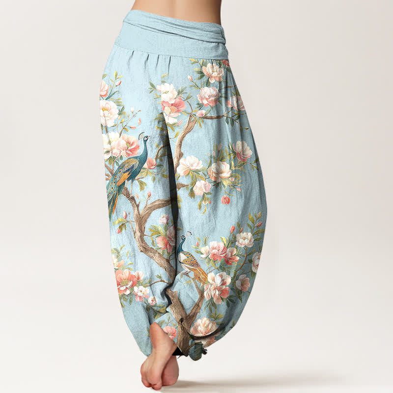 Buddha Stones Cotton Peacock Blossom Pattern Women's Elastic Waist Harem Pants - image 2