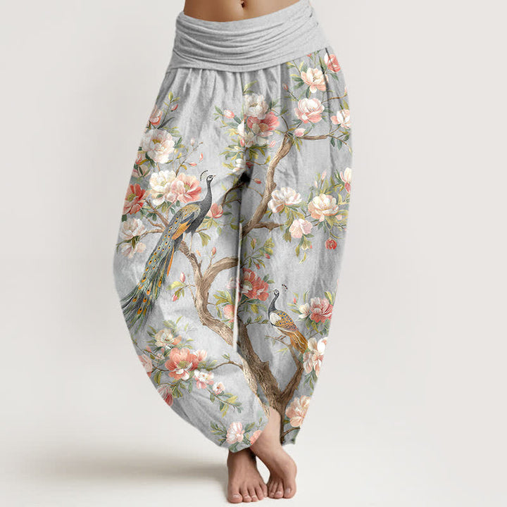 Buddha Stones Cotton Peacock Blossom Pattern Women's Elastic Waist Harem Pants - Silver - US16，UK/AU20，EU48 (3XL) - image 5
