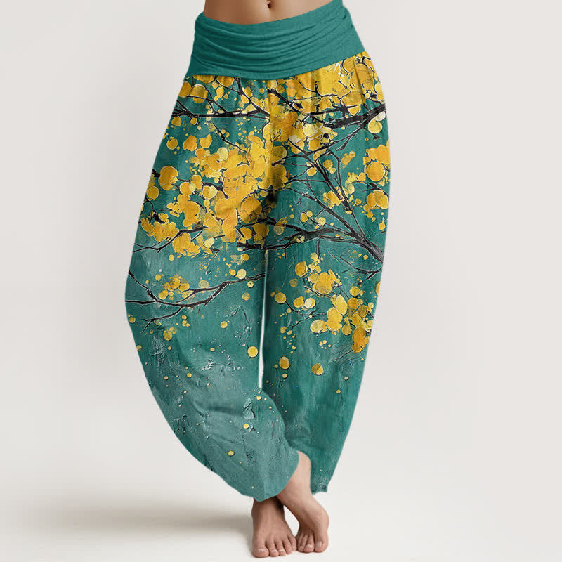 Buddha Stones Cotton Yellow Blossom Branch Pattern Women's Elastic Waist Harem Pants - Teal - US16，UK/AU20，EU48 (3XL) - image 0