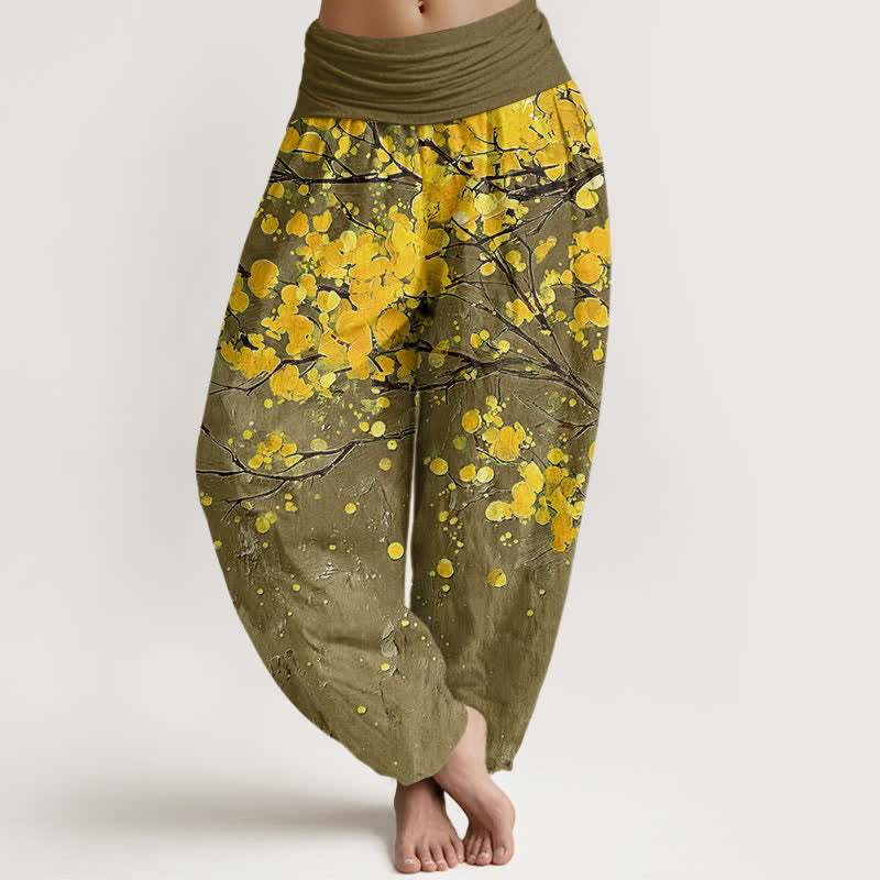 Buddha Stones Cotton Yellow Blossom Branch Pattern Women's Elastic Waist Harem Pants - Olive - US16，UK/AU20，EU48 (3XL) - image 8