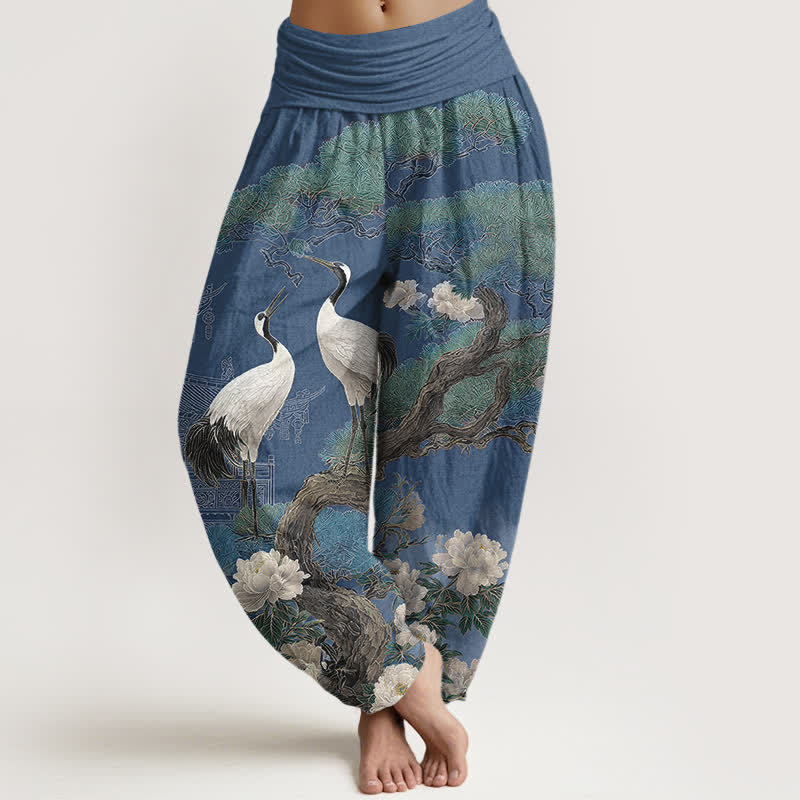 Buddha Stones Cotton Crane Blossom Pattern Women's Elastic Waist Harem Pants - SteelBlue - US16，UK/AU20，EU48 (3XL) - image 0