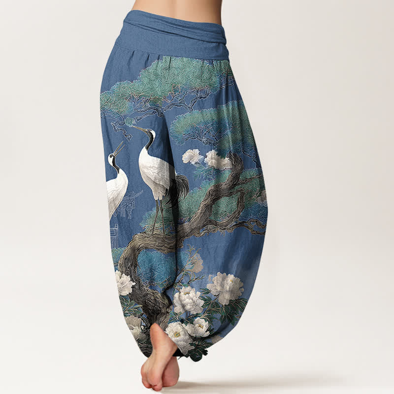Buddha Stones Cotton Crane Blossom Pattern Women's Elastic Waist Harem Pants - image 2