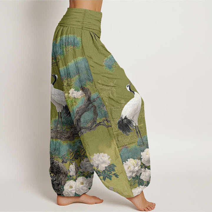 Buddha Stones Cotton Crane Blossom Pattern Women's Elastic Waist Harem Pants - image 6