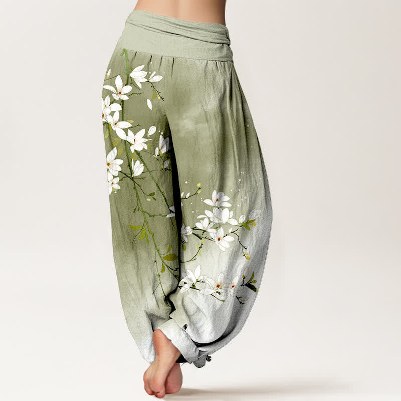 Buddha Stones Pure Cotton White Magnolia Branch Pattern Women's Elastic Waist Harem Pants - image 10
