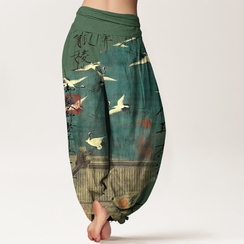 Buddha Stones Cotton Flying Crane Seal Pattern Women's Elastic Waist Harem Pants - image 7