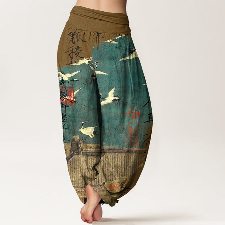 Buddha Stones Cotton Flying Crane Seal Pattern Women's Elastic Waist Harem Pants - image 10