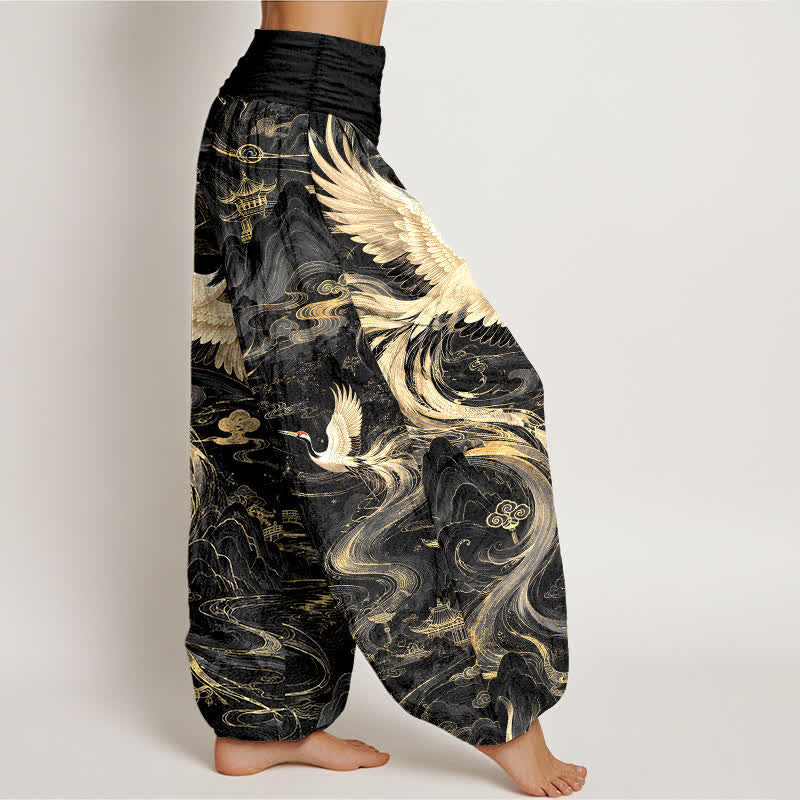 Buddha Stones Cotton Flying Crane Wave Pattern Women's Elastic Waist Harem Pants - image 6