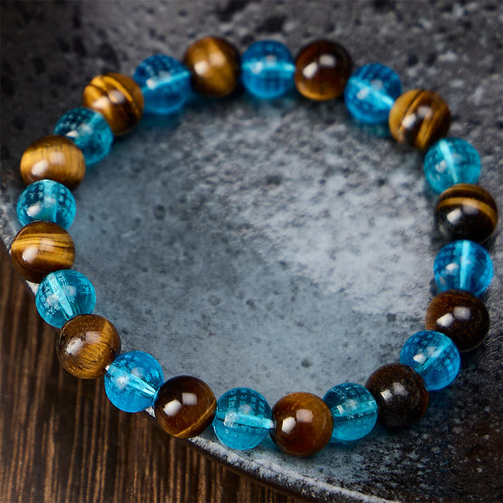 Buddha Stones Tiger Eye Blue Liuli Glass Bead Courage Round Beaded Bracelet - image 2