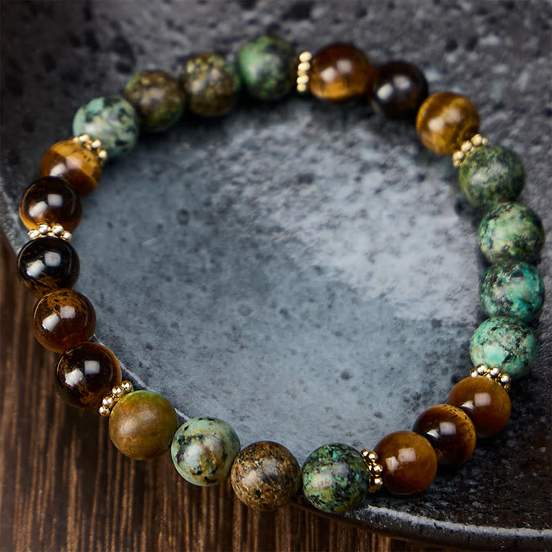 Buddha Stones Tiger Eye Malachite Green Agate Strength Beads Bracelet - image 1