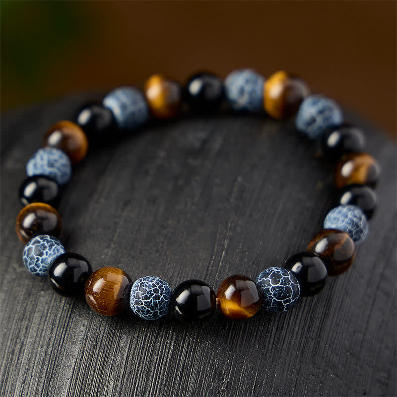 Buddha Stones Black Obsidian Tiger Eye Crackle Agate Purification Beaded Bracelet - image 2