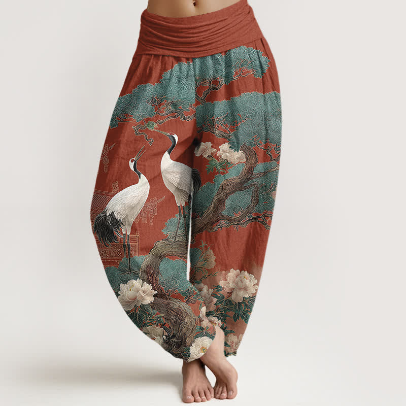 Buddha Stones Cotton Crane Blossom Pattern Women's Elastic Waist Harem Pants - CornflowerBlue - US16，UK/AU20，EU48 (3XL) - image 8