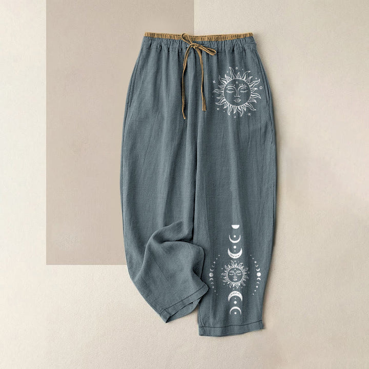 Buddha Stones Pure Cotton Celestial Sun Moon & Star Pattern Women's Elastic Waist Pants With Pockets - CadetBlue - US16，UK/AU20，EU48 (3XL) - image 5