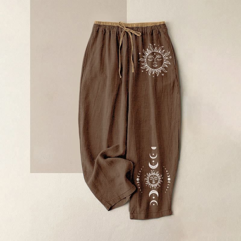 Buddha Stones Pure Cotton Celestial Sun Moon & Star Pattern Women's Elastic Waist Pants With Pockets - SaddleBrown - US16，UK/AU20，EU48 (3XL) - image 6