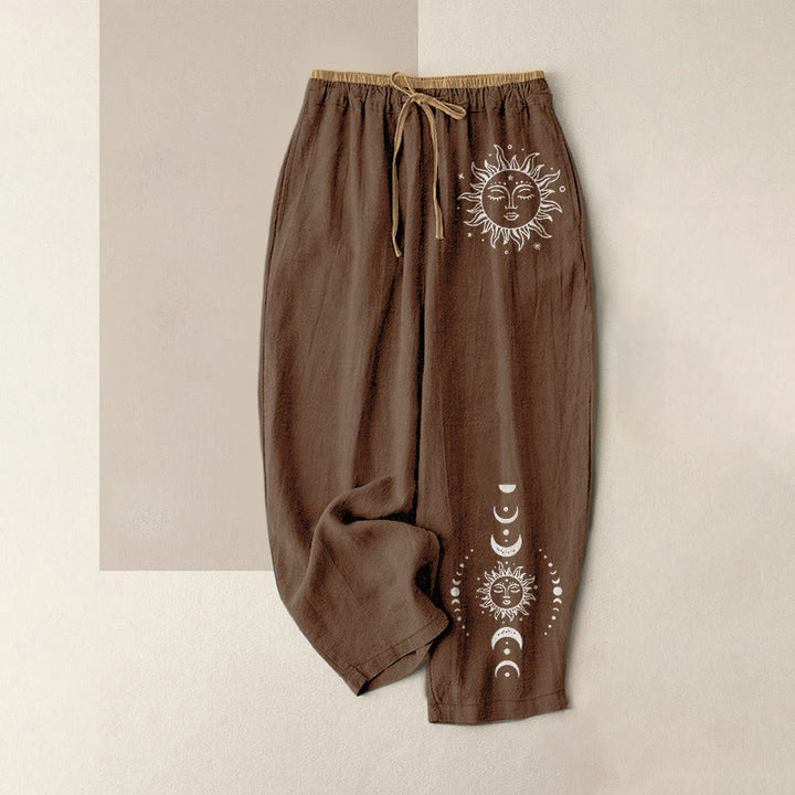 Buddha Stones Pure Cotton Celestial Sun Moon & Star Pattern Women's Elastic Waist Pants With Pockets - SaddleBrown - US16，UK/AU20，EU48 (3XL) - image 6