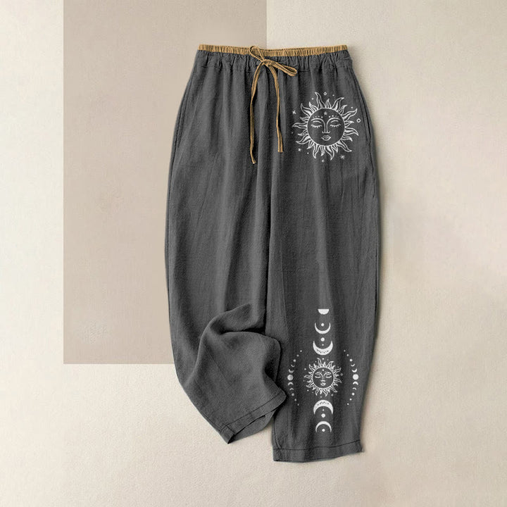 Buddha Stones Pure Cotton Celestial Sun Moon & Star Pattern Women's Elastic Waist Pants With Pockets - DimGray - US16，UK/AU20，EU48 (3XL) - image 4