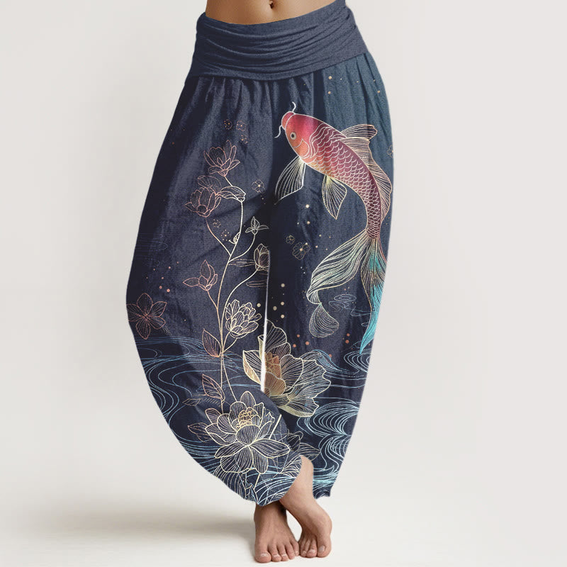 Buddha Stones Lotus Koi Fish Pattern Women's Elastic Waist Pure Cotton Harem Pants - SlateBlue - US16，UK/AU20，EU48 (3XL) - image 0
