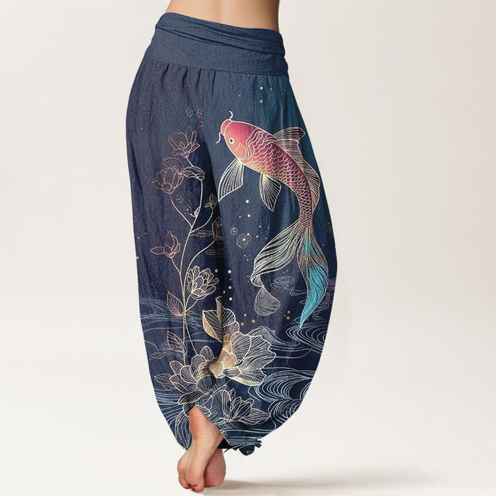 Buddha Stones Lotus Koi Fish Pattern Women's Elastic Waist Pure Cotton Harem Pants - image 1