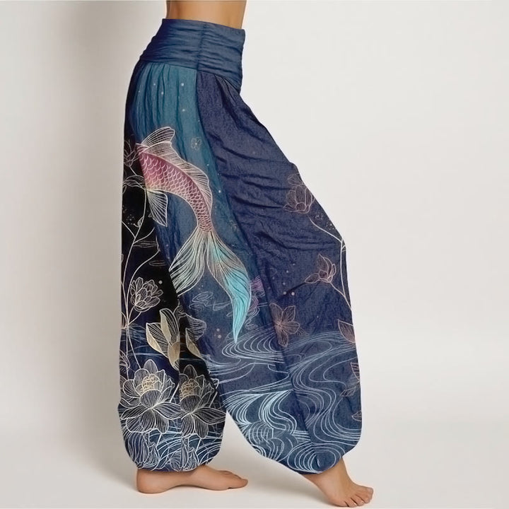 Buddha Stones Lotus Koi Fish Pattern Women's Elastic Waist Pure Cotton Harem Pants - image 2