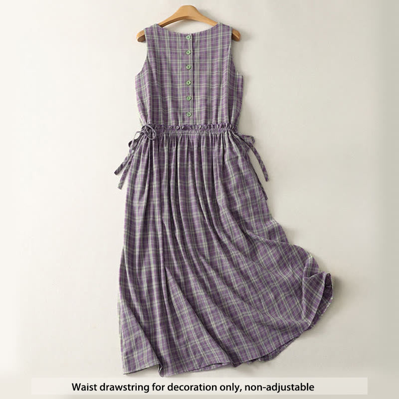 Buddha Stones Summer Vintage Drawstring Waist Button-Up Plaid Cotton Women's Sleeveless Dress With Pockets - image 1
