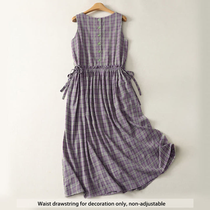 Buddha Stones Summer Vintage Drawstring Waist Button-Up Plaid Cotton Women's Sleeveless Dress With Pockets - image 1
