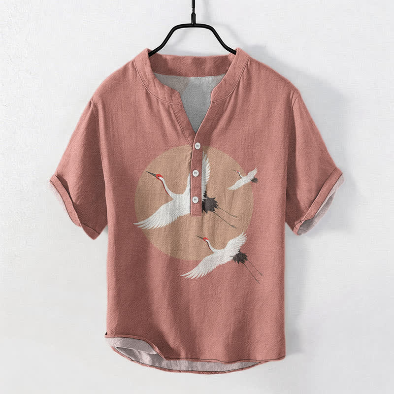 Buddha Stones Cotton Red Crown Crane Pattern Men's Short Sleeve Half Button Shirt - LightCoral - US/UK/AU50，EU60 (5XL) - image 0