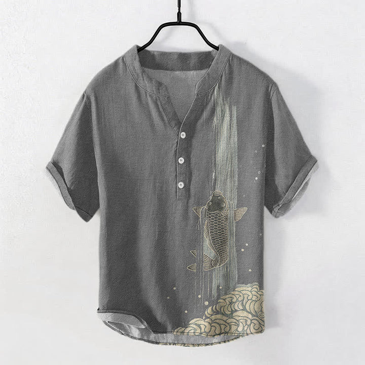 Buddha Stones Cotton Koi Fish Water Ripple Pattern Men's Short Sleeve Half Button Shirt - Gray - US/UK/AU50，EU60 (5XL) - image 5
