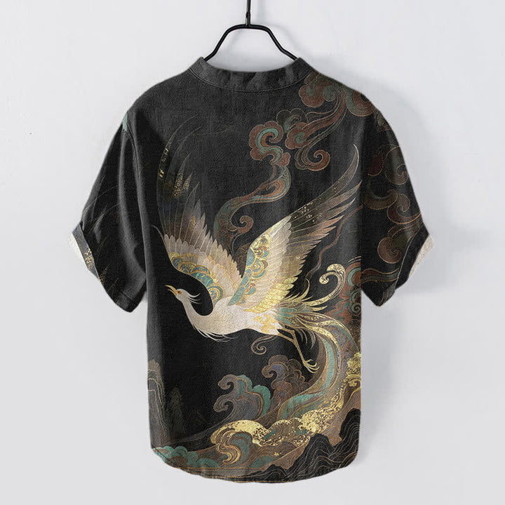 Buddha Stones Cotton Gilded Crane Wave Pattern Men's Short Sleeve Half Button Shirt - image 8