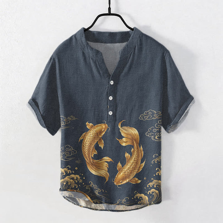 Buddha Stones Cotton Golden Koi Fish Pattern Men's Short Sleeve Half Button Shirt - MidnightBlue - US/UK/AU50，EU60 (5XL) - image 0