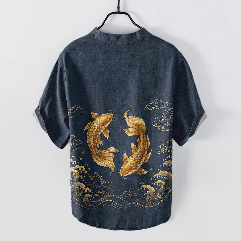 Buddha Stones Cotton Golden Koi Fish Pattern Men's Short Sleeve Half Button Shirt - image 1