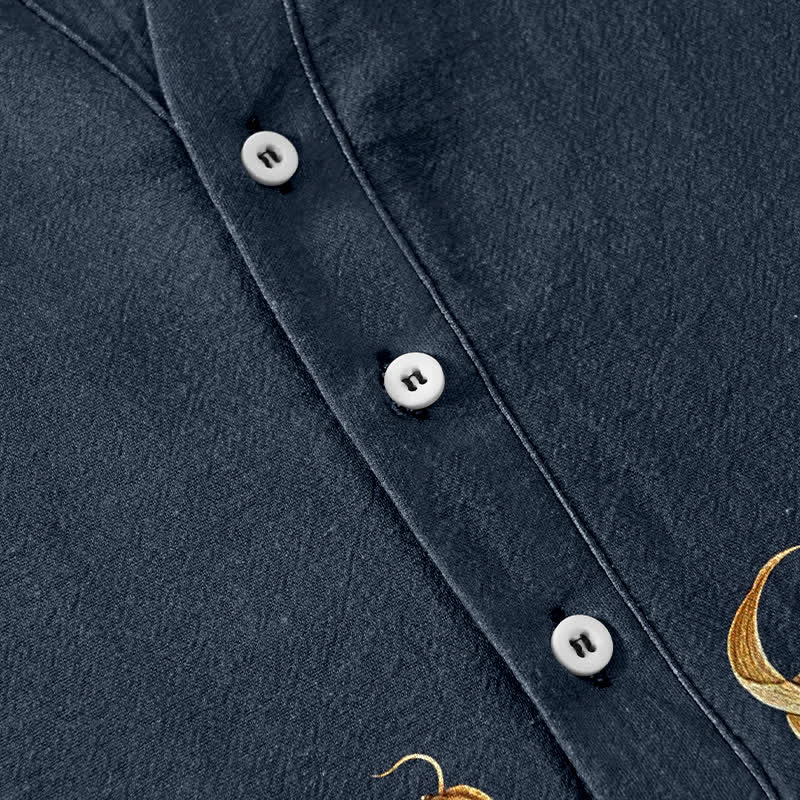 Buddha Stones Cotton Golden Koi Fish Pattern Men's Short Sleeve Half Button Shirt - image 3