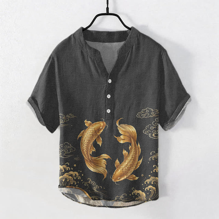 Buddha Stones Cotton Golden Koi Fish Pattern Men's Short Sleeve Half Button Shirt - Black - US/UK/AU50，EU60 (5XL) - image 5