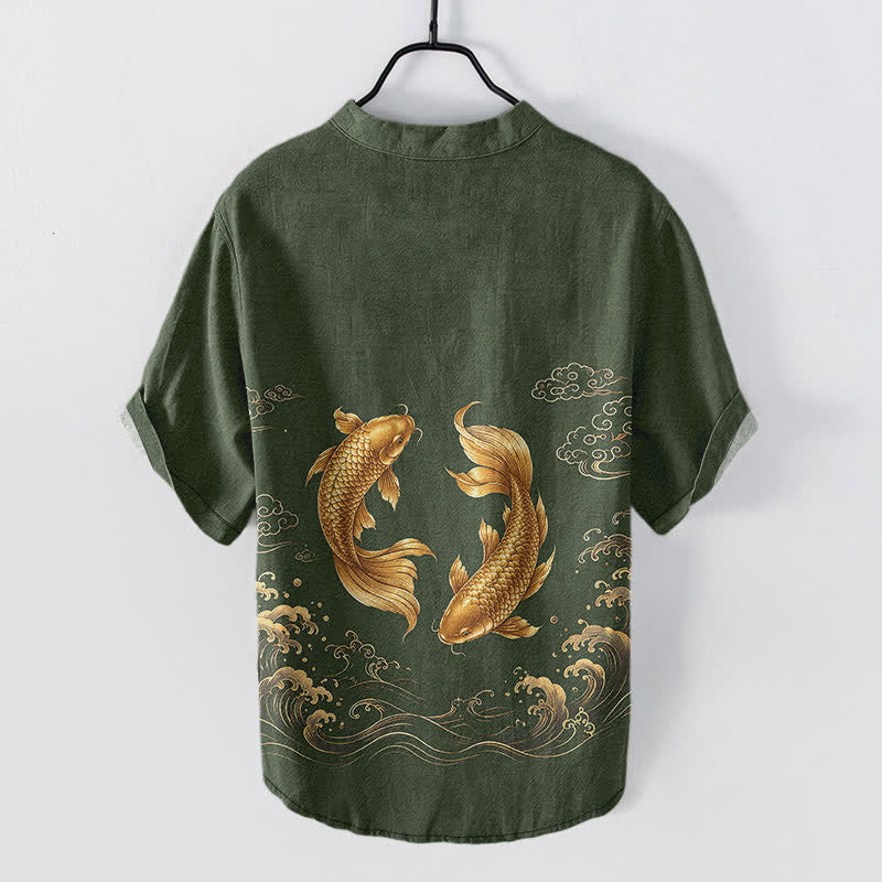 Buddha Stones Cotton Golden Koi Fish Pattern Men's Short Sleeve Half Button Shirt - image 8