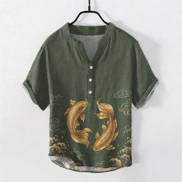 Buddha Stones Cotton Golden Koi Fish Pattern Men's Short Sleeve Half Button Shirt - DarkOliveGreen - US/UK/AU50，EU60 (5XL) - image 7