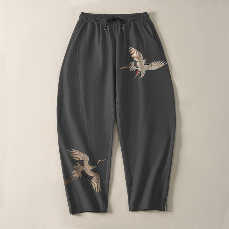 Buddha Stones Pure Cotton Twin Crane Pattern Drawstring Men's Tapered Pants With Pockets - image 2