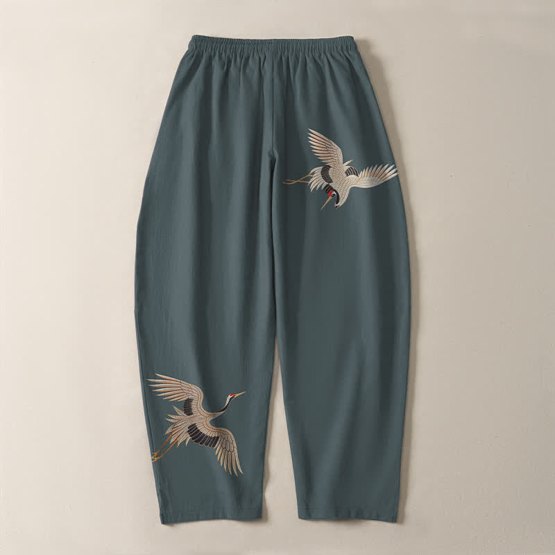 Buddha Stones Pure Cotton Twin Crane Pattern Drawstring Men's Tapered Pants With Pockets - image 10