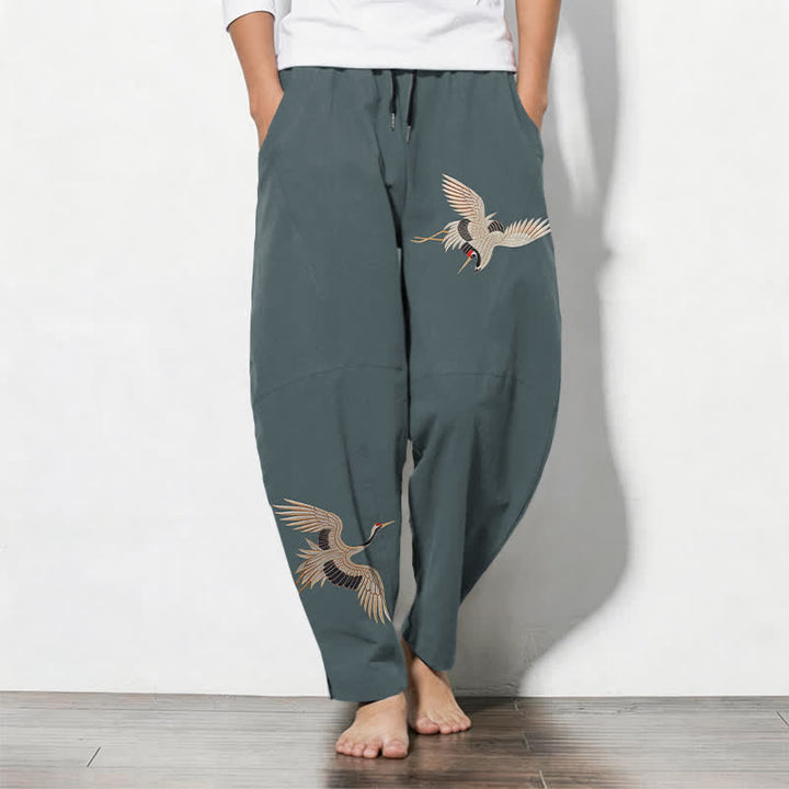Buddha Stones Pure Cotton Twin Crane Pattern Drawstring Men's Tapered Pants With Pockets - CadetBlue - US/UK/AU50，EU60 (5XL) - image 7