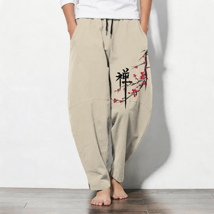 Buddha Stones Pure Cotton Zen Plum Blossom Pattern Drawstring Men's Tapered Pants With Pockets - Beige - US/UK/AU50，EU60 (5XL) - image 0