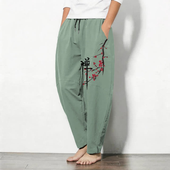 Buddha Stones Pure Cotton Zen Plum Blossom Pattern Drawstring Men's Tapered Pants With Pockets - image 8