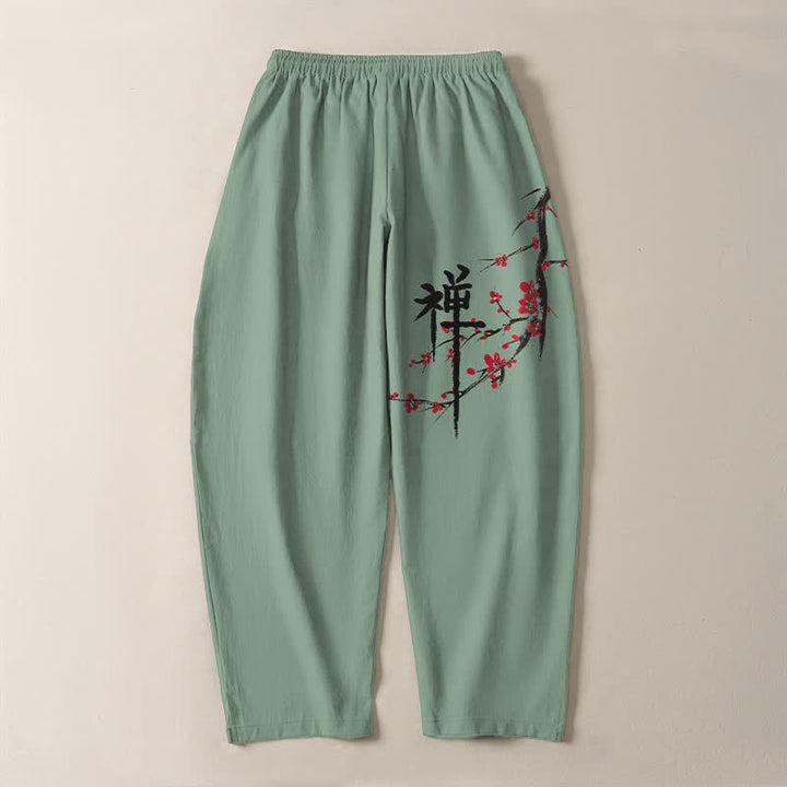 Buddha Stones Pure Cotton Zen Plum Blossom Pattern Drawstring Men's Tapered Pants With Pockets - image 10