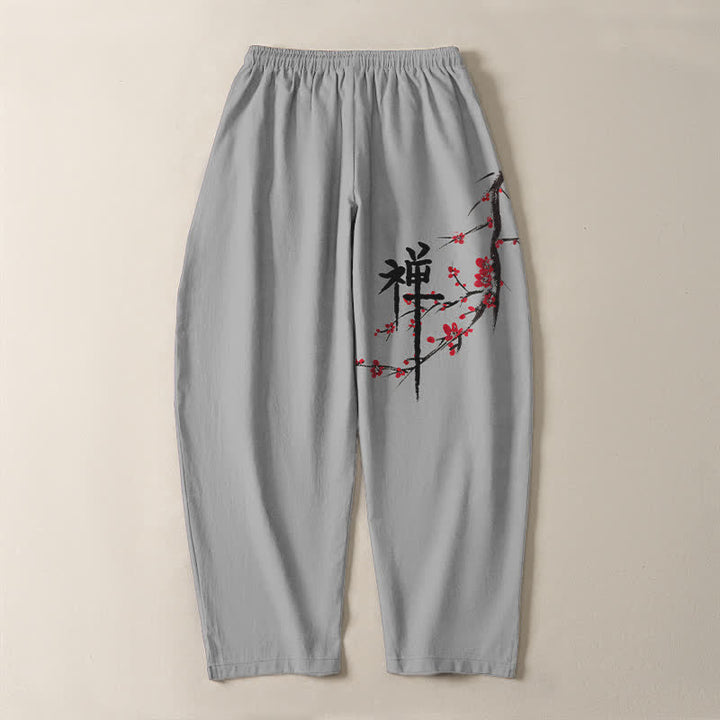 Buddha Stones Pure Cotton Zen Plum Blossom Pattern Drawstring Men's Tapered Pants With Pockets - image 14