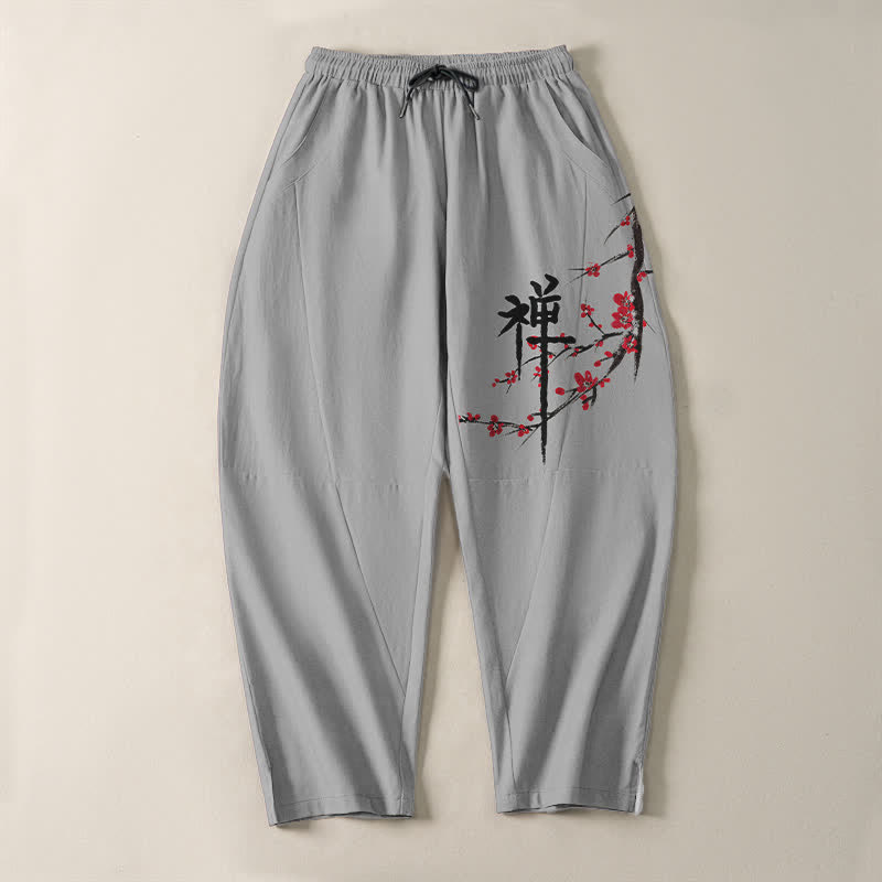 Buddha Stones Pure Cotton Zen Plum Blossom Pattern Drawstring Men's Tapered Pants With Pockets - image 13