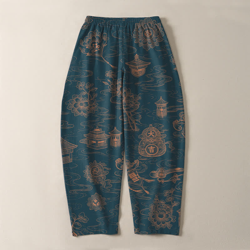 Buddha Stones Pure Cotton Lotus Pavilion Cloud Pattern Drawstring Men's Tapered Pants With Pockets - image 3