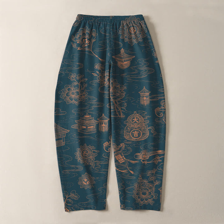 Buddha Stones Pure Cotton Lotus Pavilion Cloud Pattern Drawstring Men's Tapered Pants With Pockets - image 3