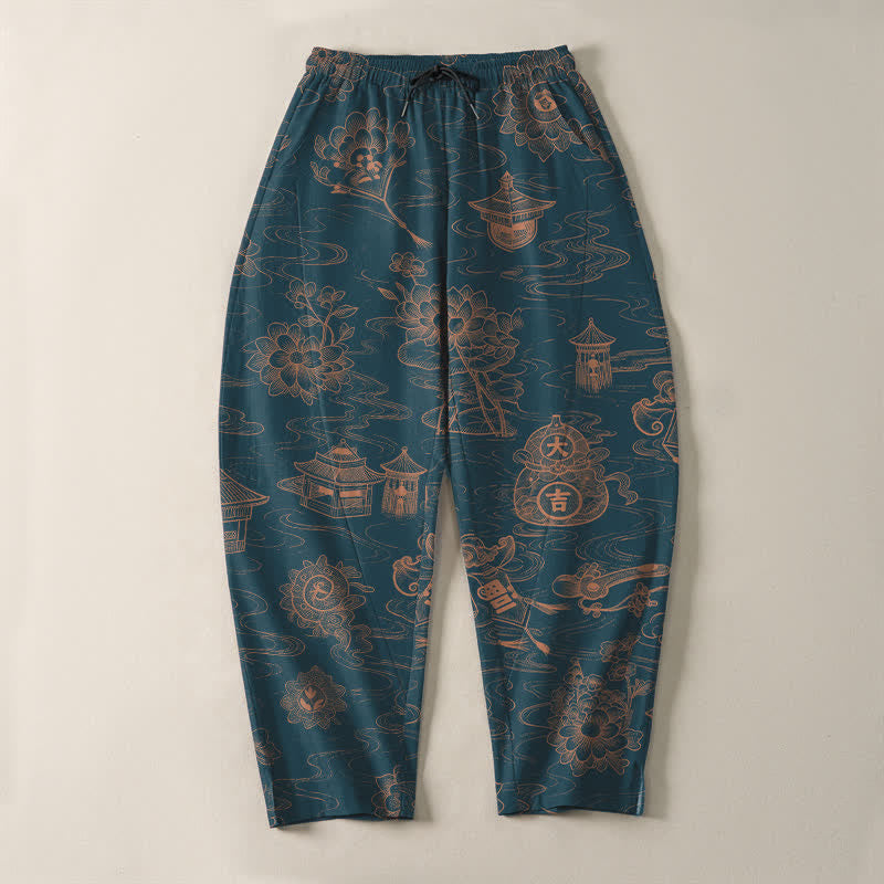 Buddha Stones Pure Cotton Lotus Pavilion Cloud Pattern Drawstring Men's Tapered Pants With Pockets - image 2