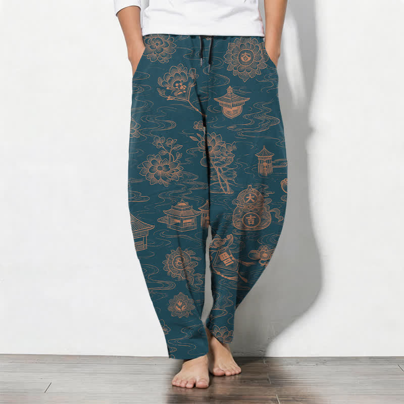 Buddha Stones Pure Cotton Lotus Pavilion Cloud Pattern Drawstring Men's Tapered Pants With Pockets - Teal - US/UK/AU50，EU60 (5XL) - image 0