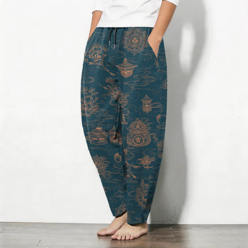 Buddha Stones Pure Cotton Lotus Pavilion Cloud Pattern Drawstring Men's Tapered Pants With Pockets - image 1