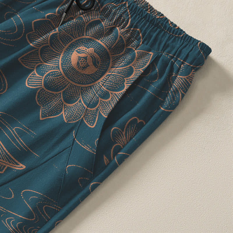 Buddha Stones Pure Cotton Lotus Pavilion Cloud Pattern Drawstring Men's Tapered Pants With Pockets - image 4