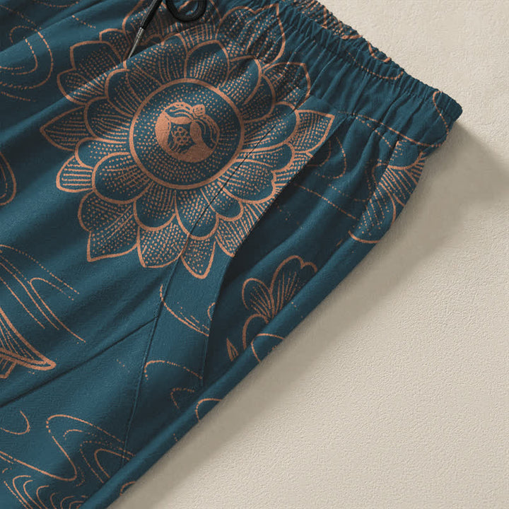 Buddha Stones Pure Cotton Lotus Pavilion Cloud Pattern Drawstring Men's Tapered Pants With Pockets - image 4