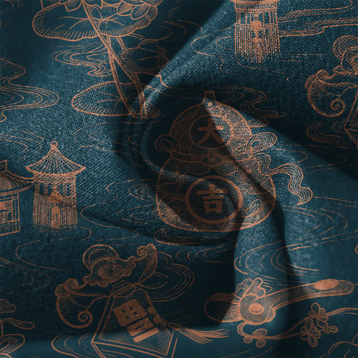Buddha Stones Pure Cotton Lotus Pavilion Cloud Pattern Drawstring Men's Tapered Pants With Pockets - image 6