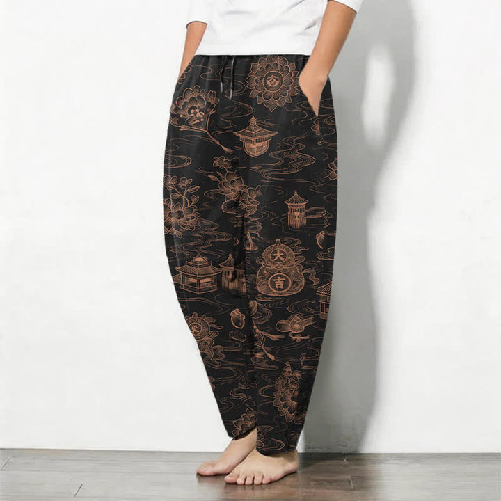 Buddha Stones Pure Cotton Lotus Pavilion Cloud Pattern Drawstring Men's Tapered Pants With Pockets - image 8